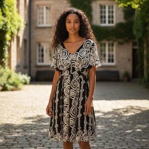 CHRIS MCLAUGHLIN Black White Dress Swirl Print Flutter Sleeve Midi Plus Size 22